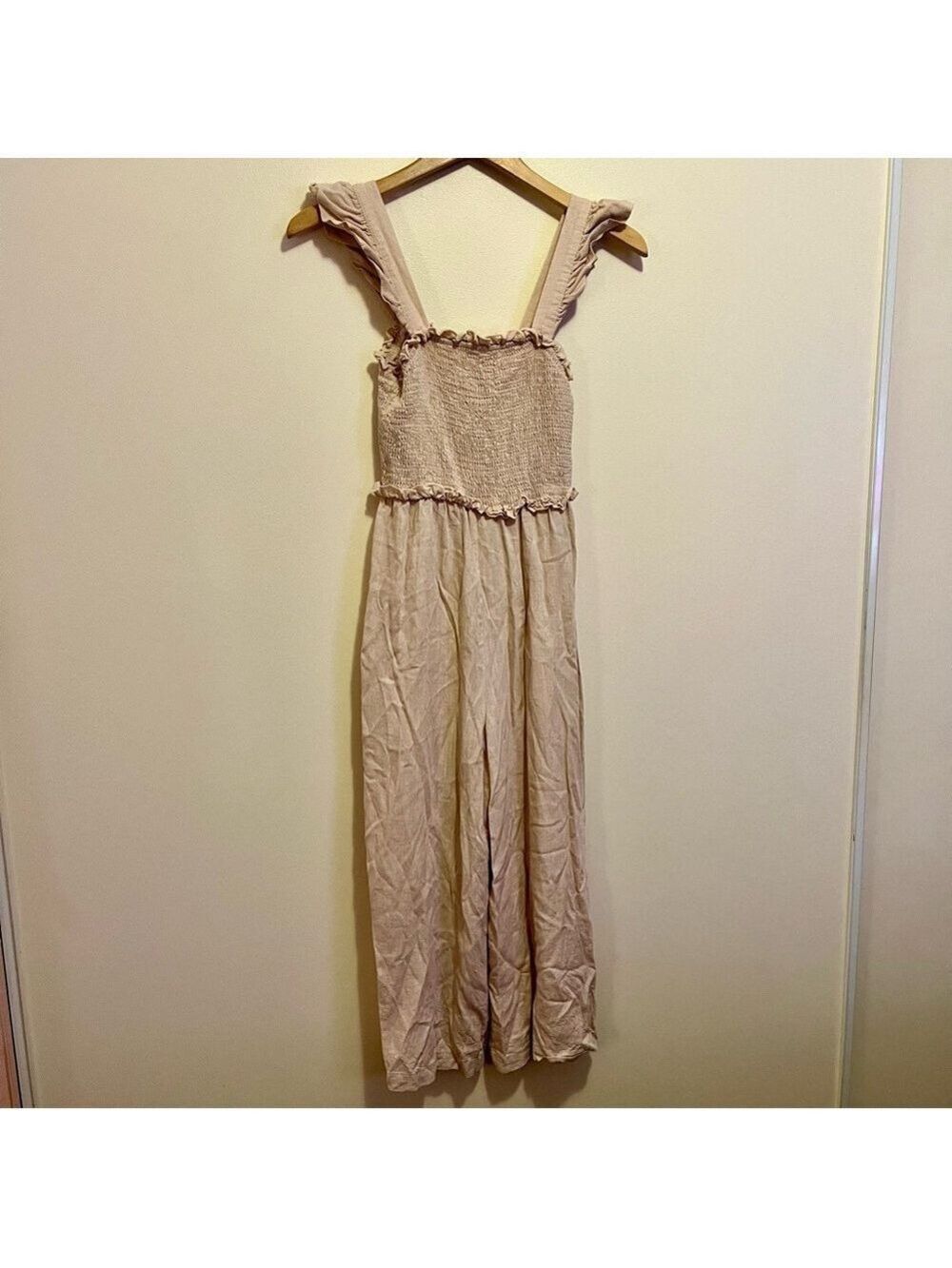 StyleCheat Cream Linen Blend Sleeveless Jumpsuit Wide Leg Ruched Bodice Beach 6 - Picture 2 of 7